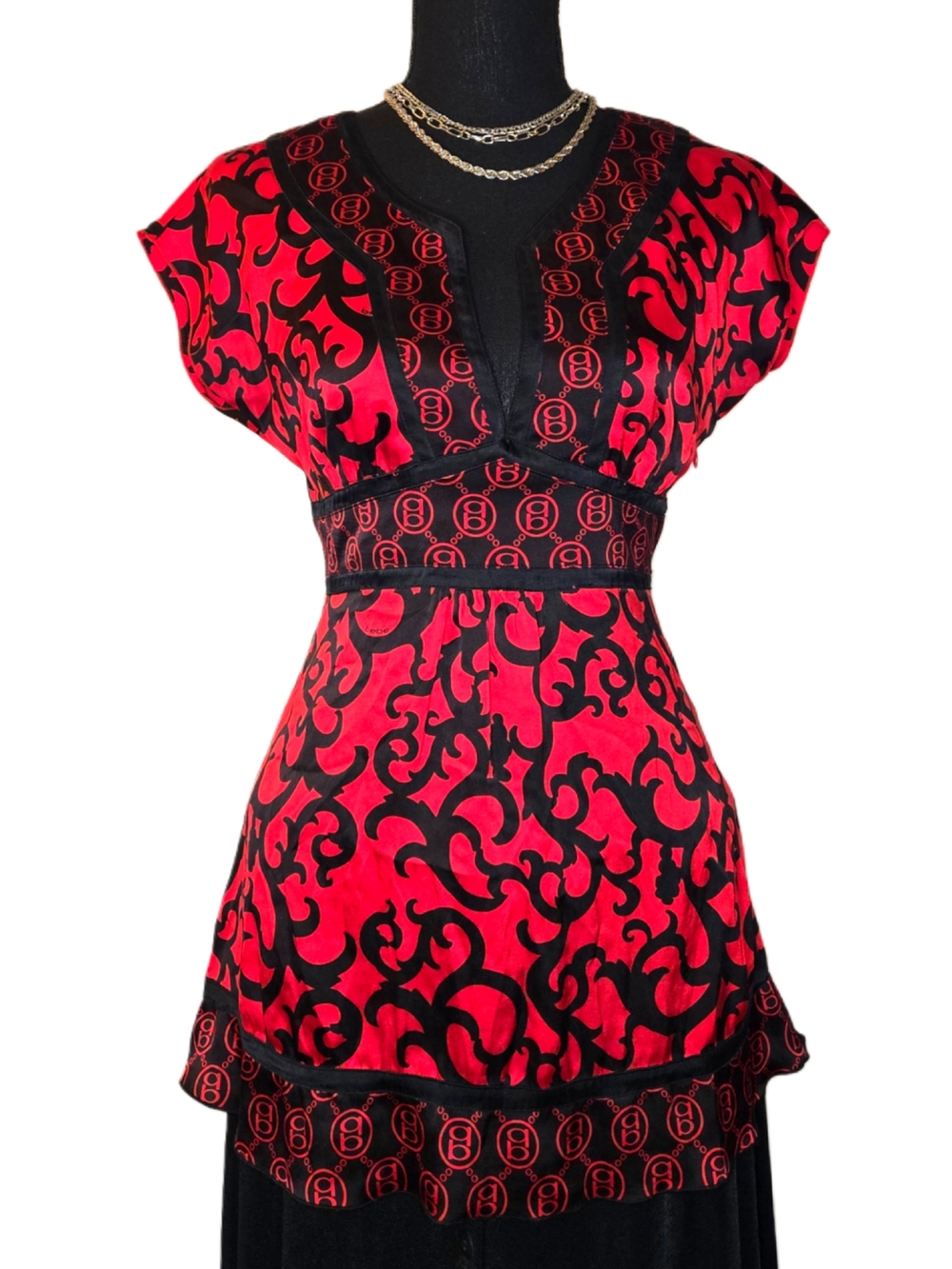 Y2k Silk Bebe Red and Black Patterned V-Neck Tunic Top!